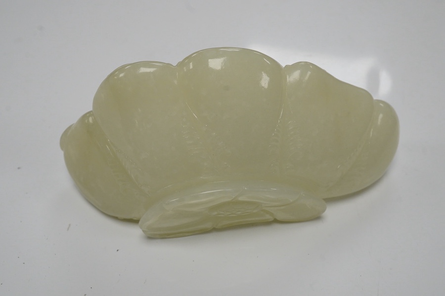 A Chinese jade ‘lotus’ shaped brush washer, 13cm wide. Condition - good